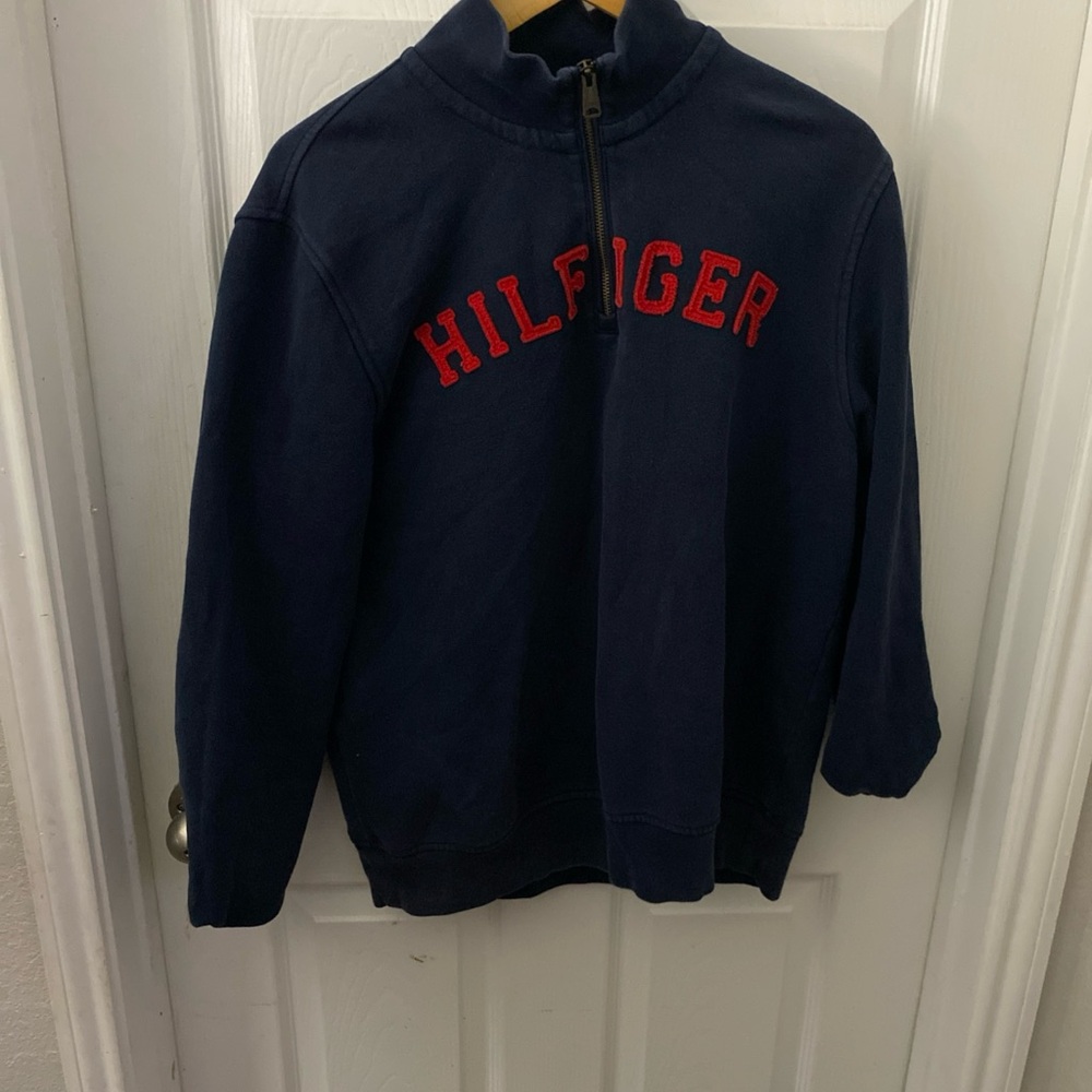 Tommy Hilfiger Sweater Men Medium Blue Faded Sweatshirt Pull Over Quarter Zip